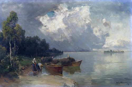 Verschepen van de oogst met hooi op de Chiemsee met naderend onweer, JOSEPH WOPFNER, 1908