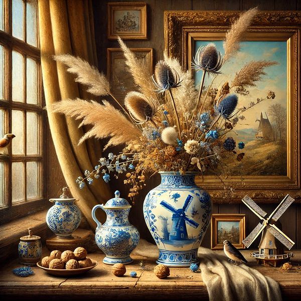 Delfter Blau Vase mit Mühle und Trockenblumen auf altniederländischer Fensterbank von Kleurenrijk