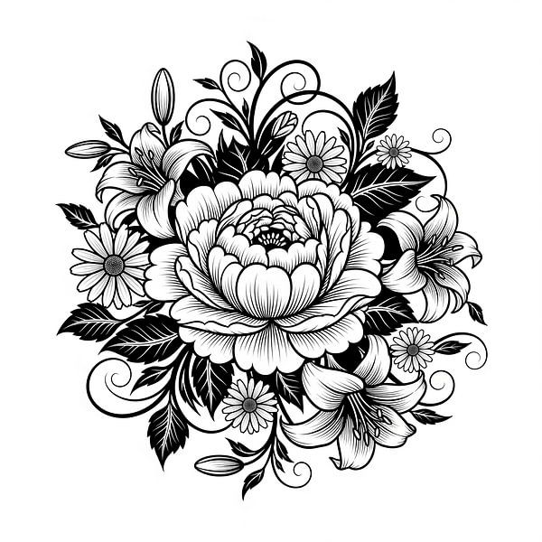 T-Shirt noir et blanc : arrangement floral élégant de pivoines et de lys par Artistic