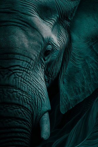 Elephant in Texture and Silence Deep Portrait in Blue-Green