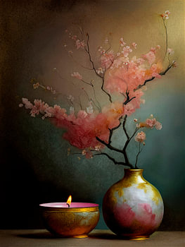 Nature morte Japandi pleine d'ambiance avec des fleurs roses et la lumière chaleureuse des bougies