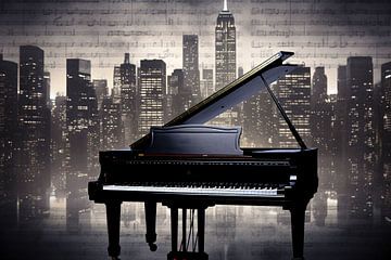 Silhouette de ville avec piano sur De Muurdecoratie