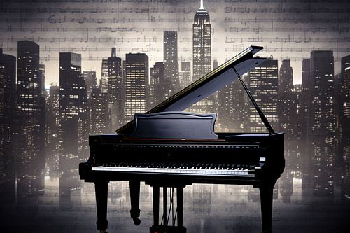 Silhouette de ville avec piano