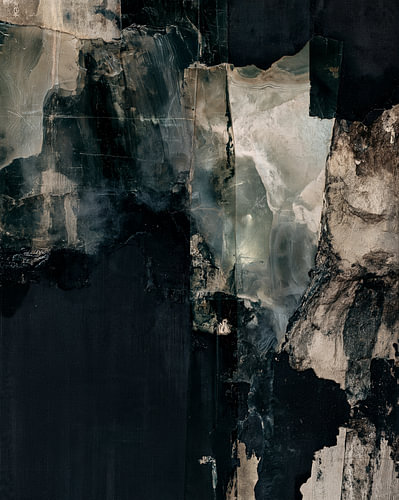 Light beneath the stone, a dark abstract artwork in shades of stone and green