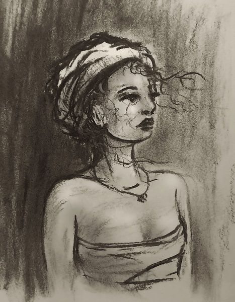 Dessin au fusain - portrait femme par Emiel de Lange