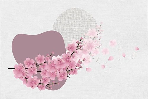 Japandi Art, Collage mit Blüte, heitere Malerei.