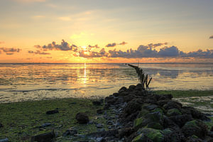 Sonnenuntergang, ausgetrocknetes Wattenmeer mit einer Reihe von Pfählen