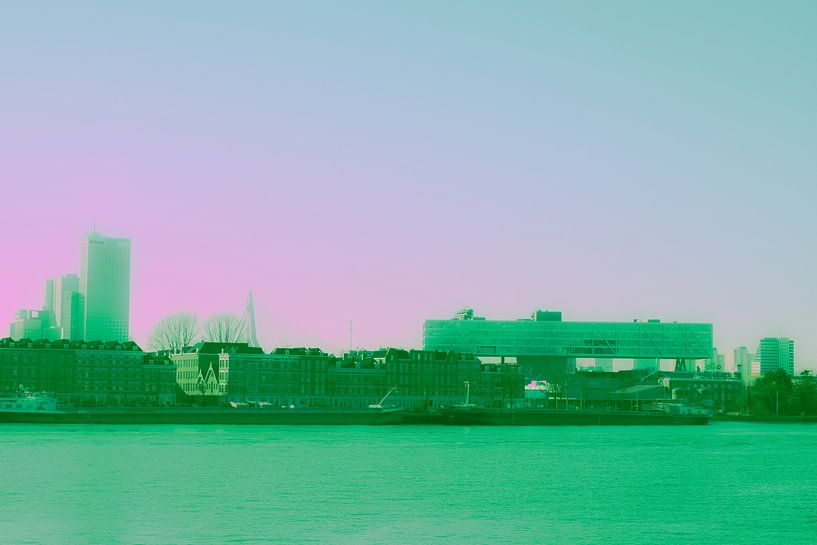 Rotterdam - Erasmusbrug en omgeving - in groen-roze tinten van Ineke Duijzer