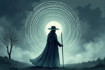 Person in Robe and Hat Facing Moon with Circular Design