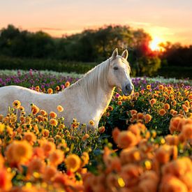 Paard in Bloemenzee, Dahlia, bij Zonsondergang - Betoverende Natuurfotografie van Jolanda Hugens Kommers