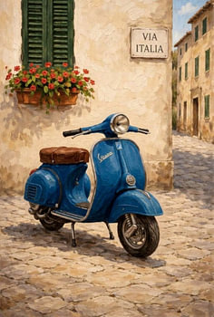Vintage blauwe Vespa-scooter op een schilderij van een klassieke Italiaanse straat