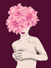 Pink Floral Woman - Feminine Nude Line Art - Surreal Botanical Female Figure - Moody Maroon Aesthetic Art by Chrz - AquaPixelFusion