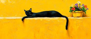 Zwarte kat op gele achtergrond van Poster Art Shop