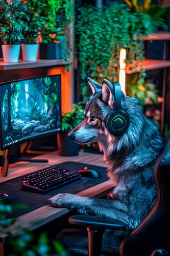 Wolf op een gaming-pc op het platteland