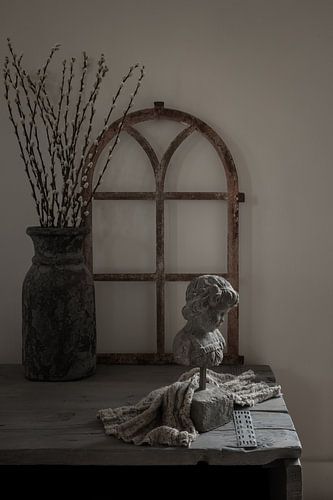 Rural still life with stable window, willow cats and stone bust by Mayra Fotografie