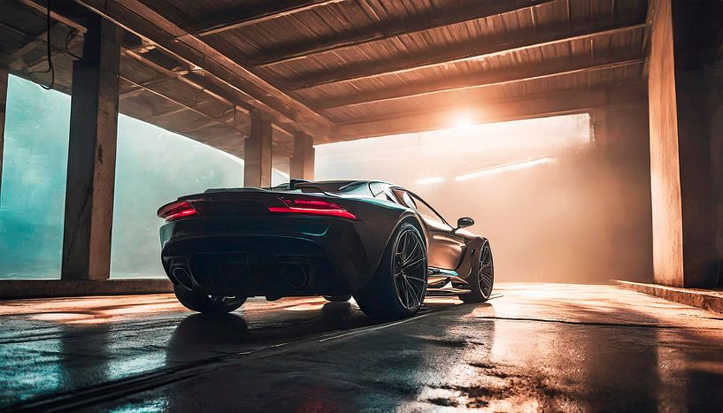 Zwarte raceauto in de garage van Mustafa Kurnaz