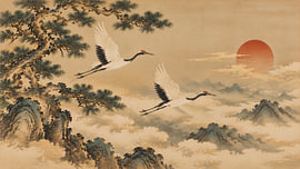 Japan: een zwerm kraanvogels vliegt boven gouden wolken van my pixel art