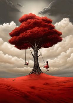 Mädchen auf Schaukeln, großer roter Baum, Surrealismus