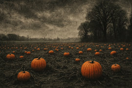 Halloween-Nachtansicht mit Kürbisfeld – Grunge-Fotografie von Jelena Jovanovic Fine Art