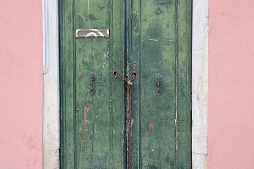 Dubbele groene deur op een roze muur, Venetië