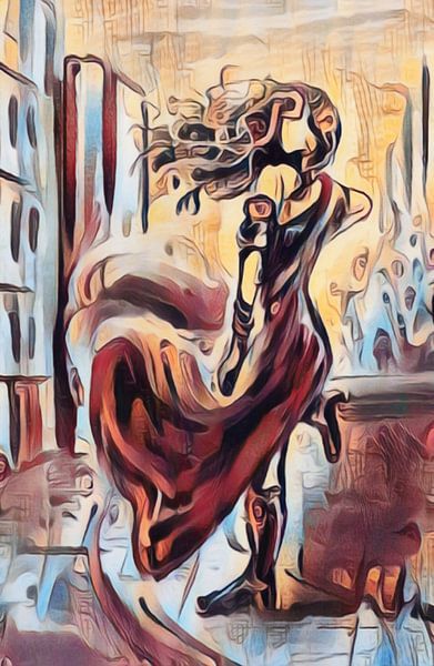 Kleurig kunstwerk van een vrouw in de stad van Emiel de Lange