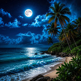 Fantasy Art Wandbild: LUNAVARA – Eine traumhafte Insel in der Nacht bei Mondschein