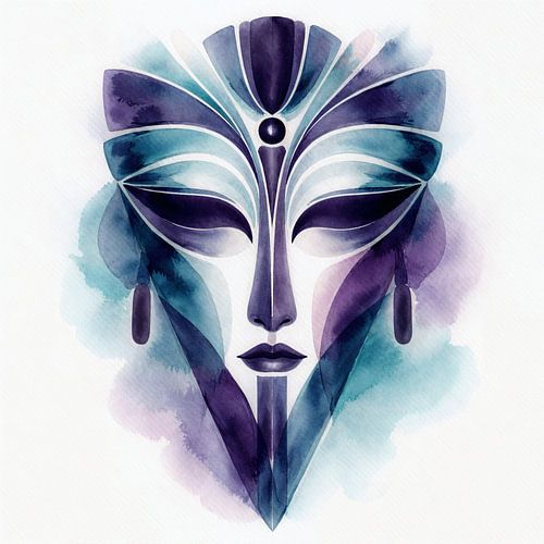 Abstract Inca masker in blauwe tinten (AI) (krachtig, mancave, mannelijk, stoer, Peru )
