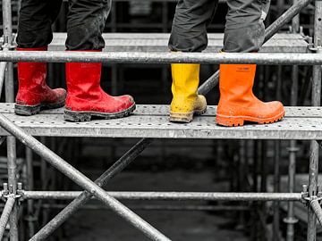 Construction Workers on Scaffolding - Building Site and Craftsmanship