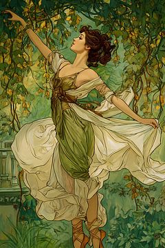 Alphonse Mucha style, woman in garden