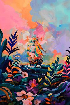 Schip op een kleurrijke zee