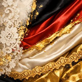 Golden Fabric Layers – Abstraktes Stillleben mit Spitze, Seide und Gold von ButterflyPix