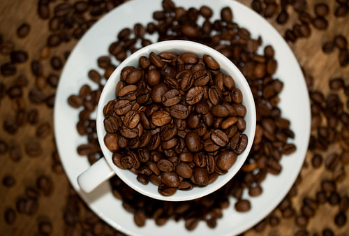 coffee beans in a coffee cup on a plate