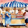 Des dames douillettes au stand de glaces sur la plage sur De gezellige Dames