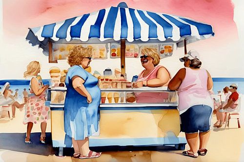 Gezellige dames bij de ijscokraam op het strand