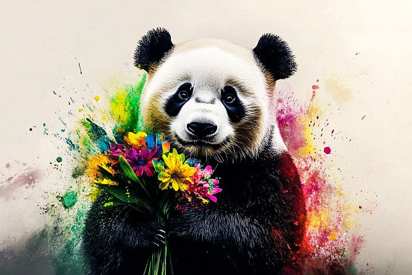 Panda with flower bouquet painting by Imperial Art House