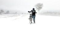 Meisje met fiets in sneeuwstorm in Zeeland van Wout Kok thumbnail