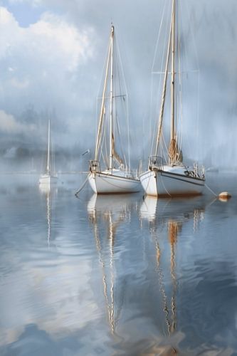 Peace and freedom at sea, with sailboats and soft colours in a timeless summer landscape