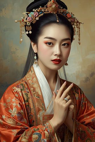 Originele Chinese vrouw in traditionele kleding en juwelen uit de 18de eeuw.