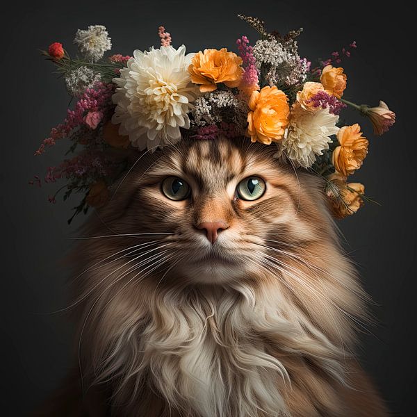 Perfect Cadeau:  Muurdecoratie Kat met Bloemen van Vlindertuin-Art