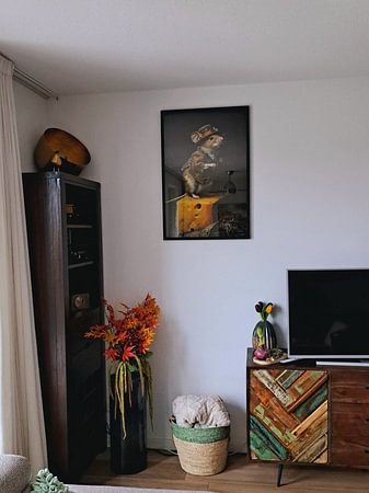 Mouse with Hat Standing on a Piece of Cheese