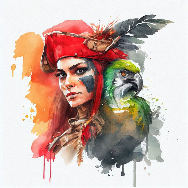 Aquarel Piratenvrouw #2 van Chromatic Fusion Studio
