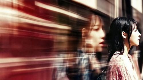 Rustige jonge Japanse vrouw in de drukte van de stad