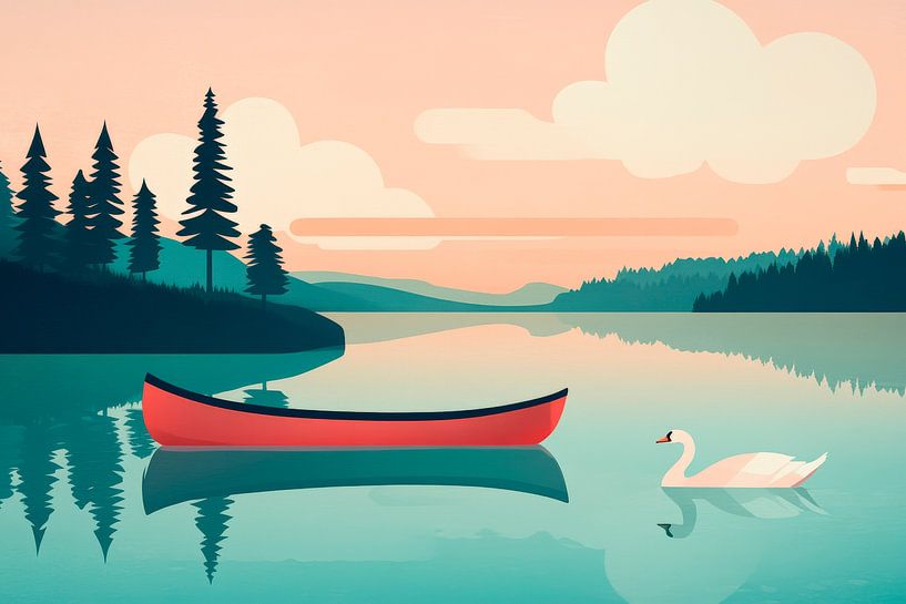 Tranquil landscape with red canoe by Poster Art Shop