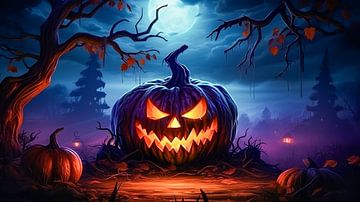 Halloween background with pumpkin in mystic forest, illustration by Animaflora PicsStock