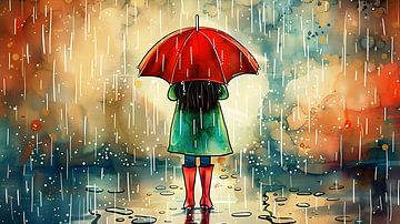 Fille avec parapluie et bottes rouges sous la pluie sur Jan Bechtum