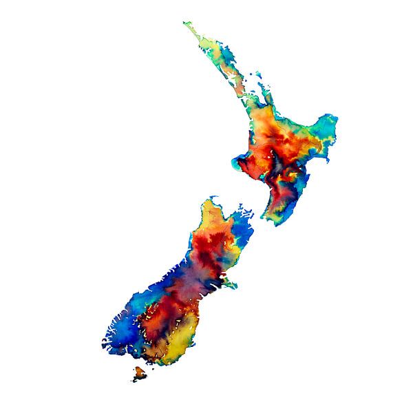 Nieuw Zeeland | Kleurrijke landkaart in aquarel | Blauw Paars Oranje Azuurblauw van WereldkaartenShop