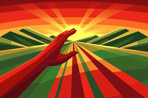 Hand reikt naar stralende zonsondergang