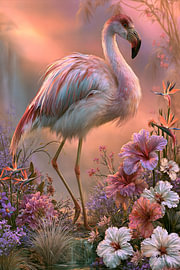 Flamant rose et fleurs tropicales
