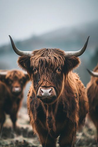 Schotse Hooglander in mistig landschap