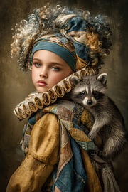 Fille avec un raton laveur - Portrait élégant dans les tons pétrole sur Dessins et peintures de Peter Pen